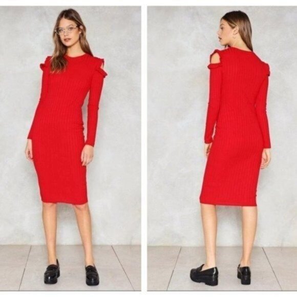 Nasty Gal Cut Outta Here Ribbed Red Midi Cold Shoulder Dress Women's Size 6 NWT - Picture 1 of 8